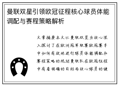 曼联双星引领欧冠征程核心球员体能调配与赛程策略解析