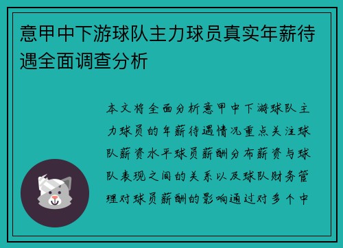 意甲中下游球队主力球员真实年薪待遇全面调查分析