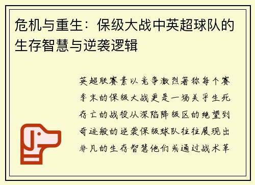 危机与重生：保级大战中英超球队的生存智慧与逆袭逻辑